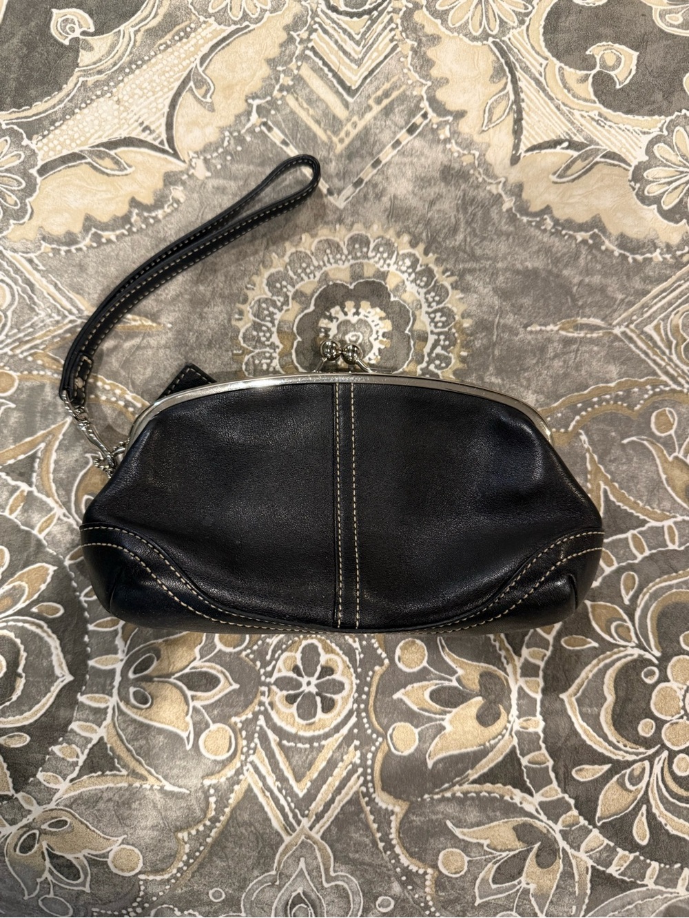 Coach Black Leather Wristlet Clutch with Silver Frame kiss lock